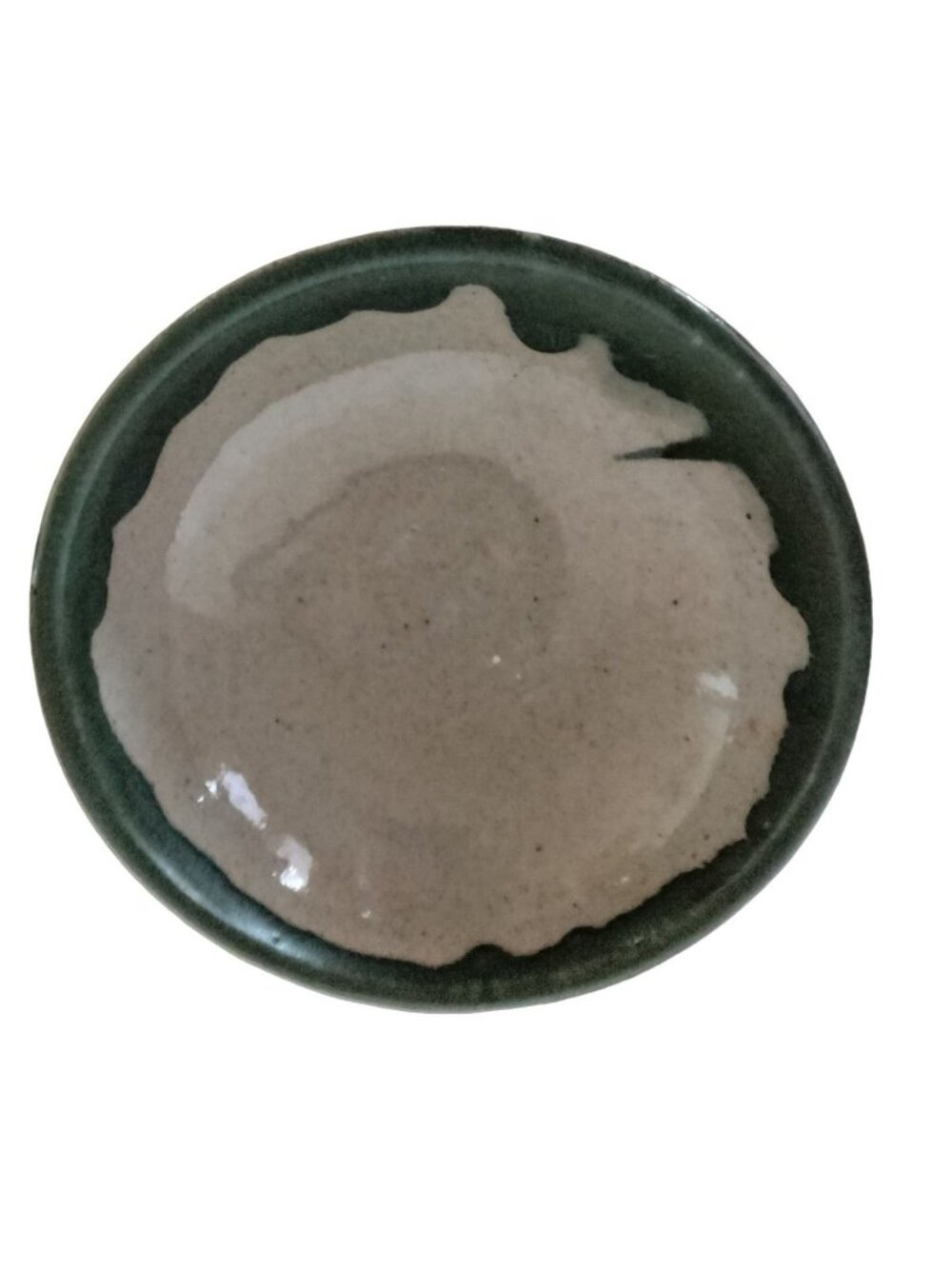Studio Pottery Rice Bowl Heavy Green Gray Rustic Stoneware Primitive Drip Glaze